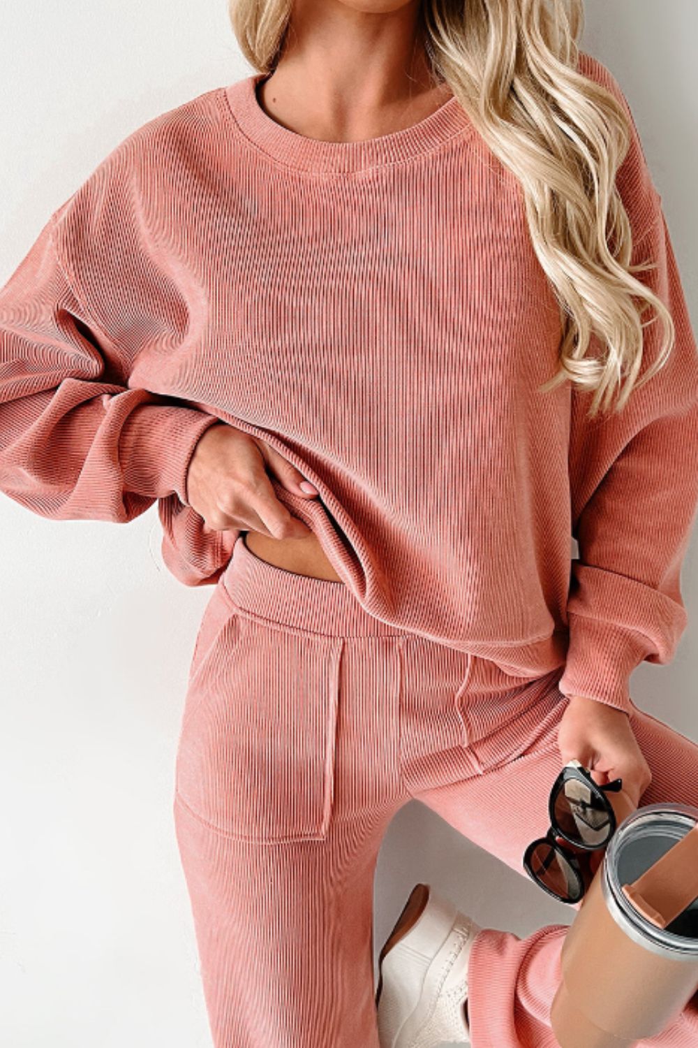 Round Neck Long Sleeve Top and Pants Set - ClassiQ