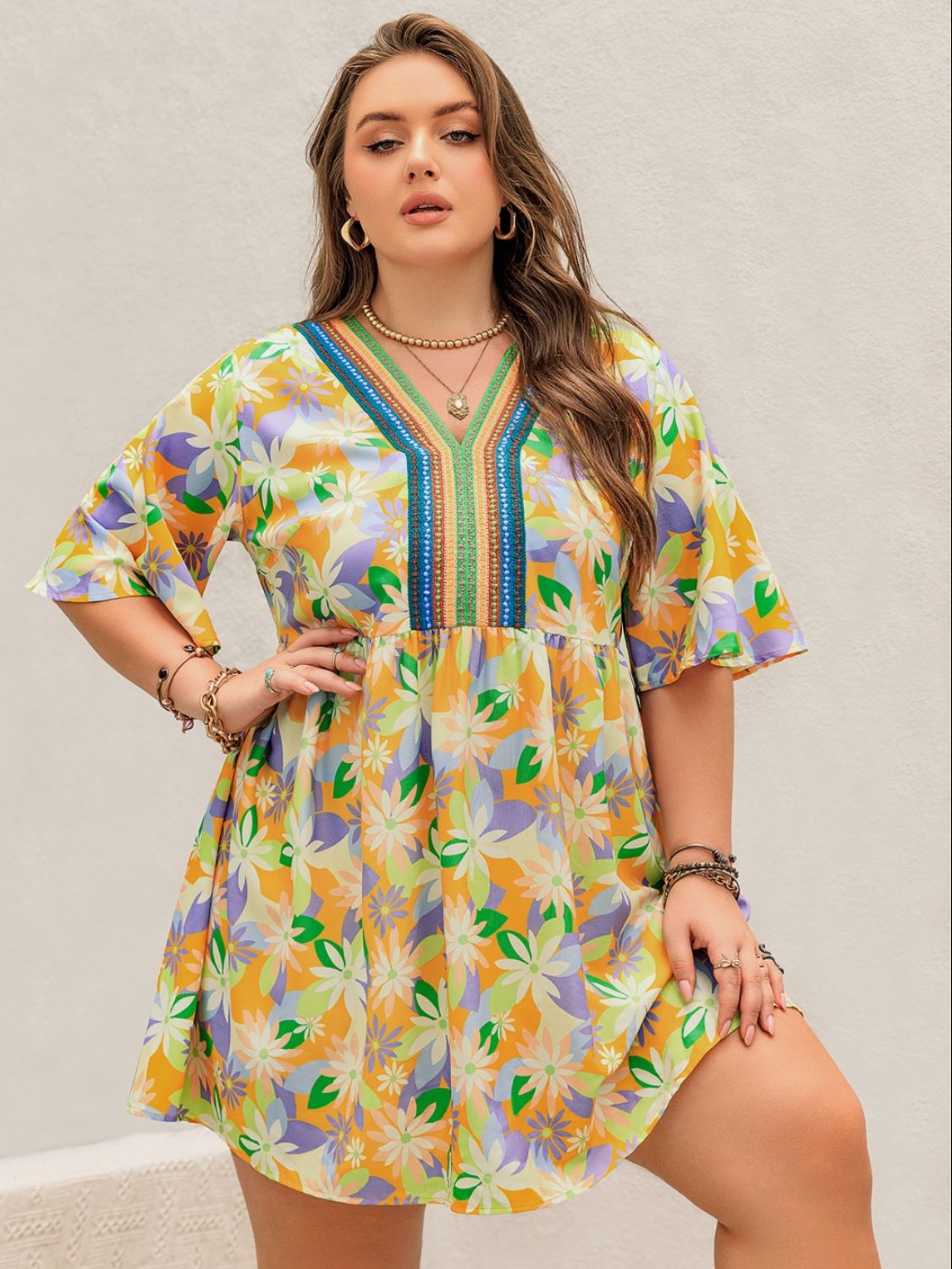 Plus Size Printed V-Neck Half Sleeve Mini Dress - Classique Collection