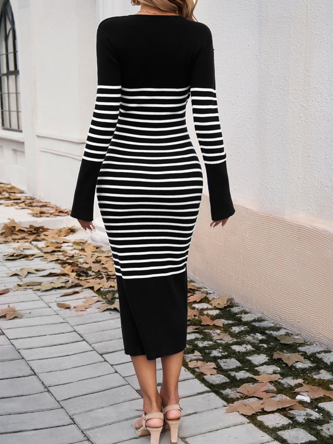 Devine Striped V-Neck Long Sleeve Sweater Dress - Classique Collection