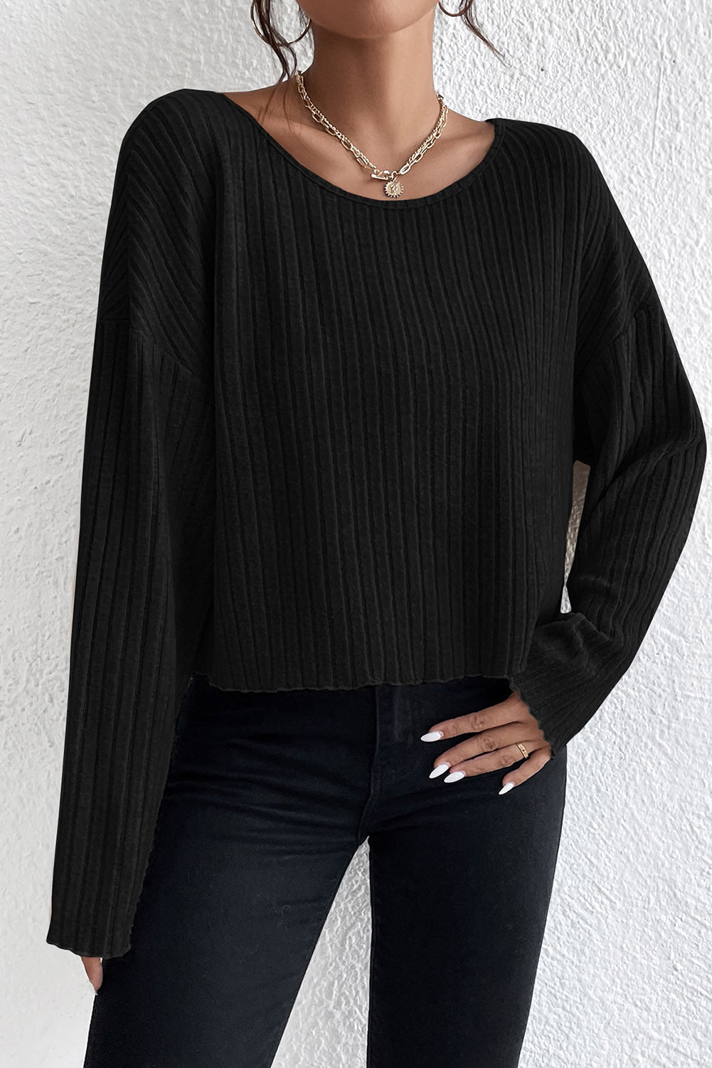 Ribbed Round Neck Drop Shoulder Long Sleeve Top - Classique Collection