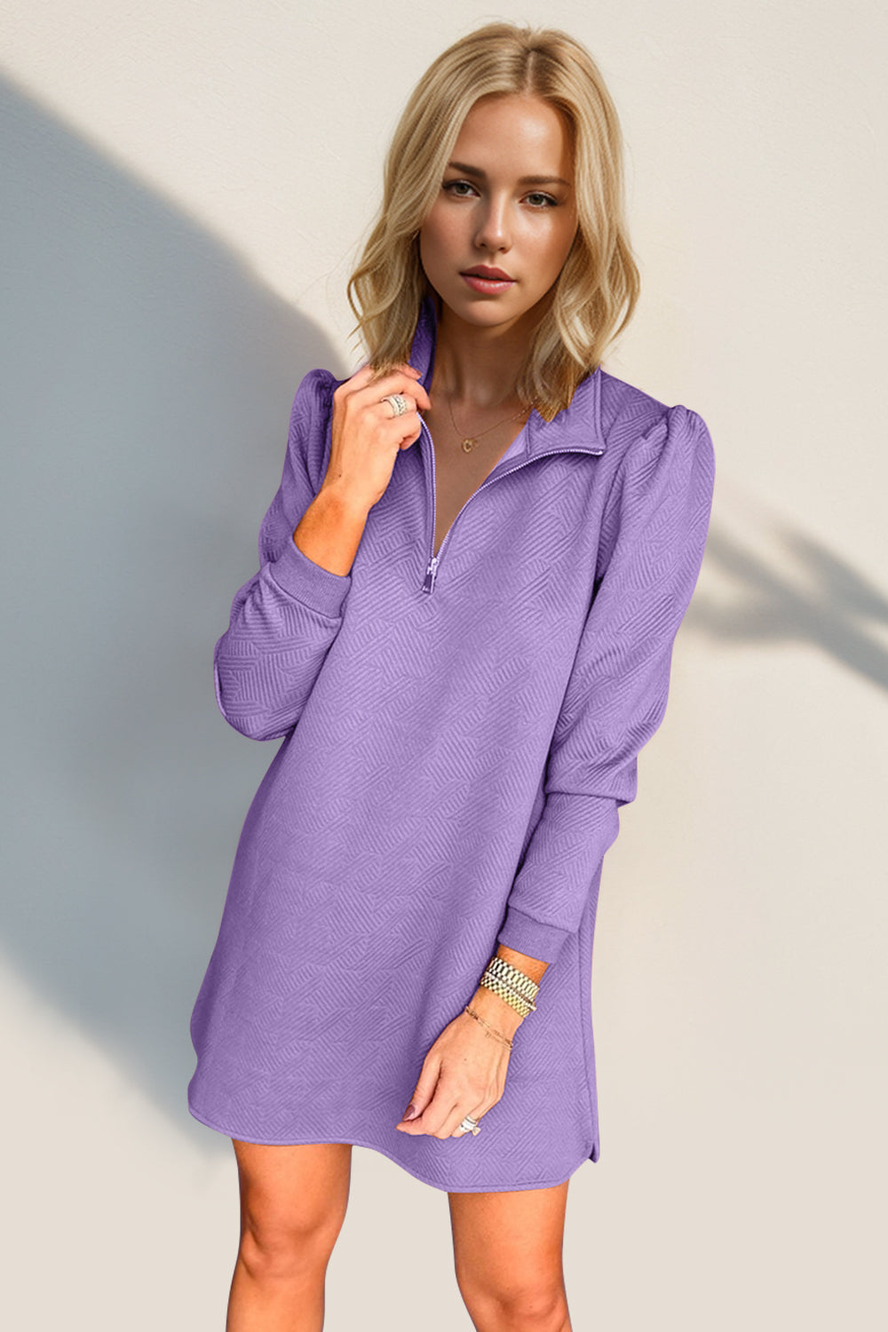 Double Take Textured Quarter Zip Long Sleeve Dress - Classique Collection