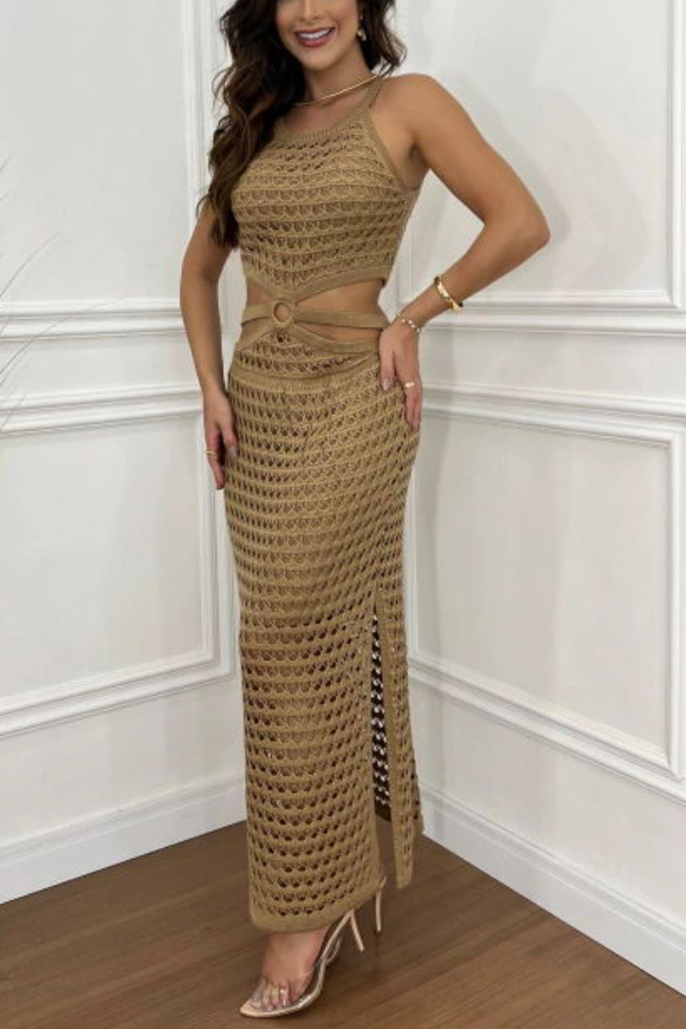 Cutout Slit Round Neck Sweater Dress - Classique Collection