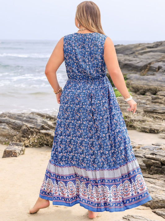 Plus Size Tied Printed Sleeveless Maxi Dress - Classique Collection