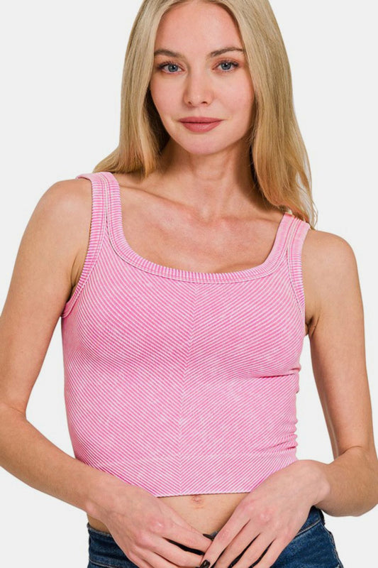 Zenana Washed Ribbed Scoop Neck Wide Strap Tank - Classique Collection