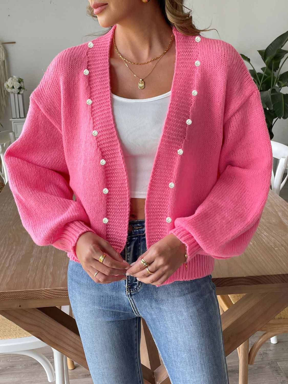 Pearl Open Front Long Sleeve Cardigan - ClassiQ