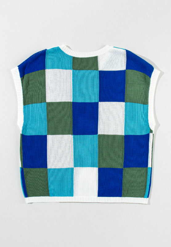 Contrast Plaid Round Neck Cap Sleeve Sweater - ClassiQ