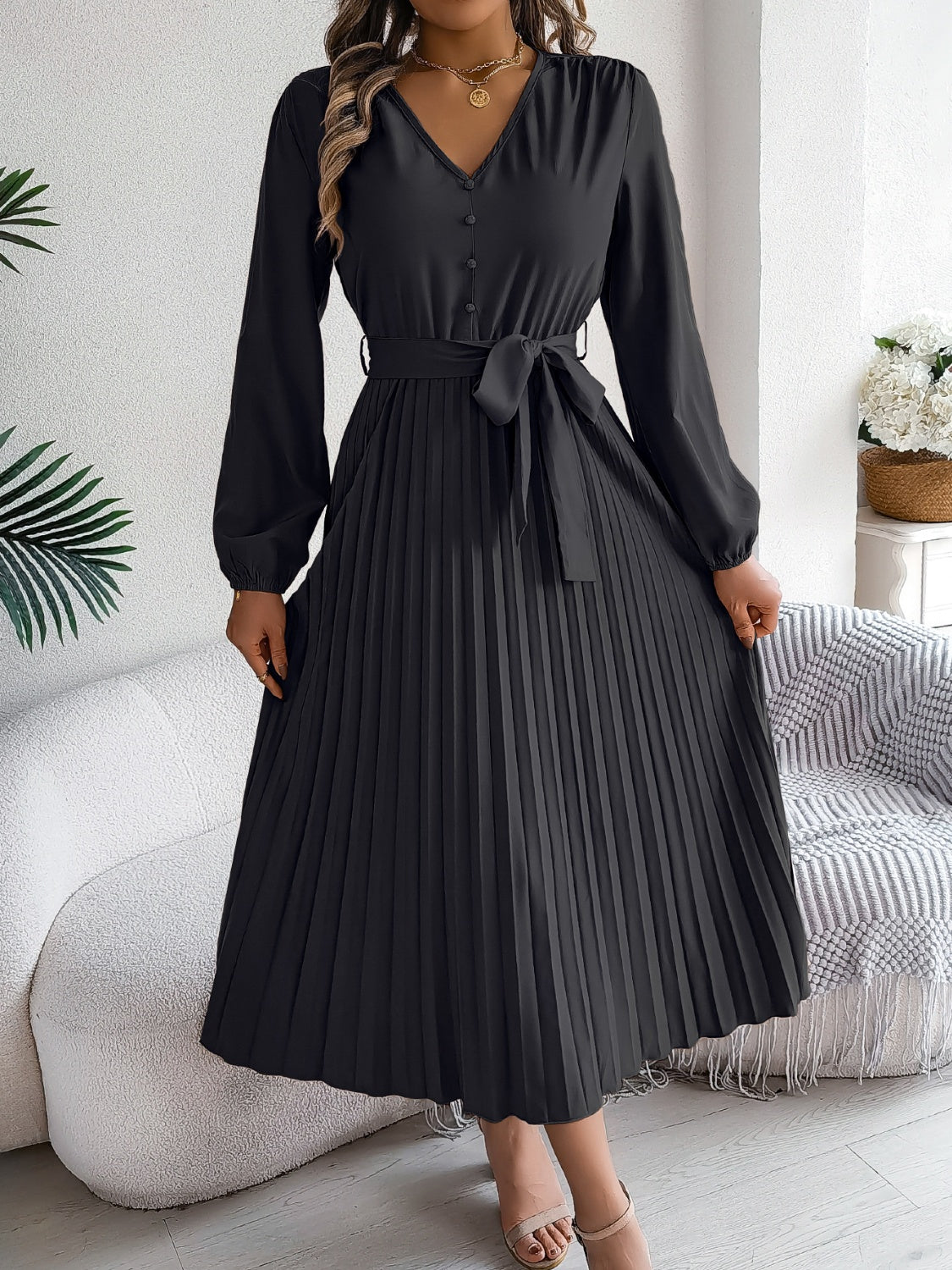 Pleated Tied V-Neck Long Sleeve Dress - Classique Collection
