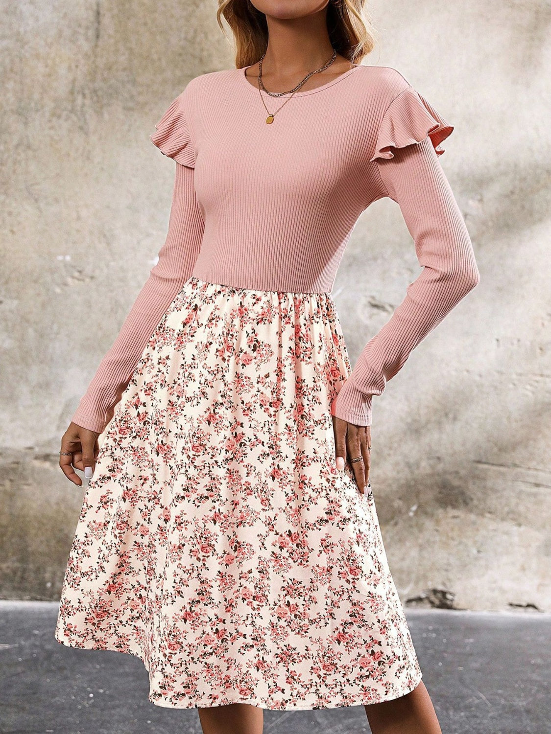 Ruffled Floral Long Sleeve Knee Length Dress - Classique Collection