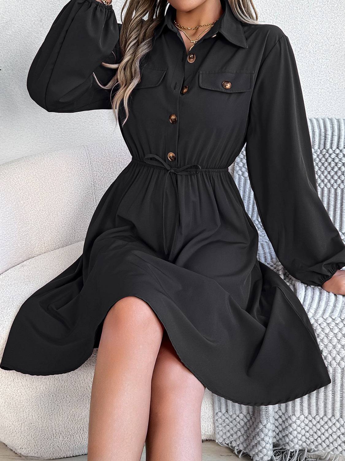 Collared Neck Long Sleeve Dress with Pockets - Classique Collection
