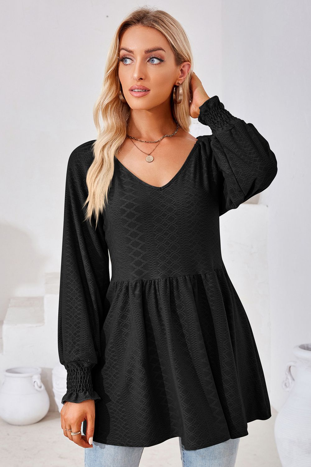 V-Neck Lantern Sleeve Blouse - Classique Collection