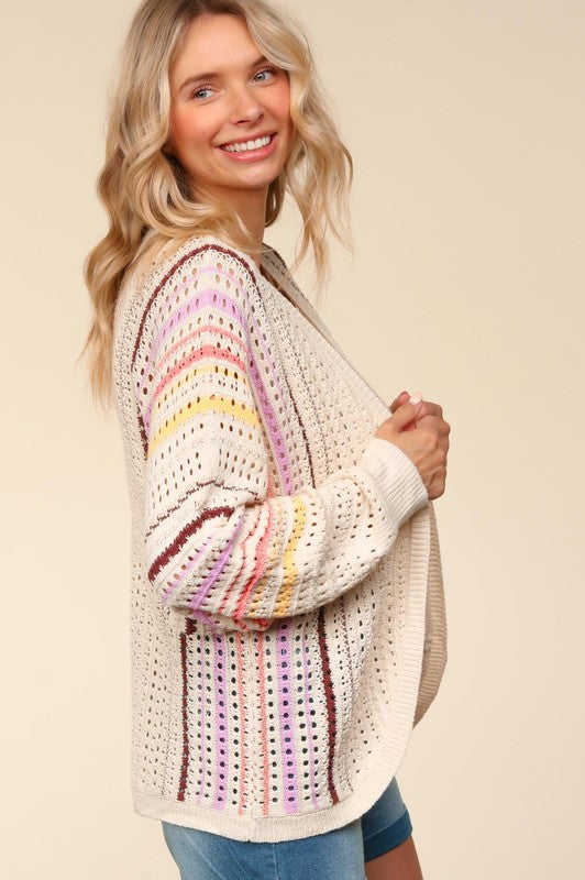 Haptics Full Size Striped Crochet Open Front Cardigan - Classique Collection