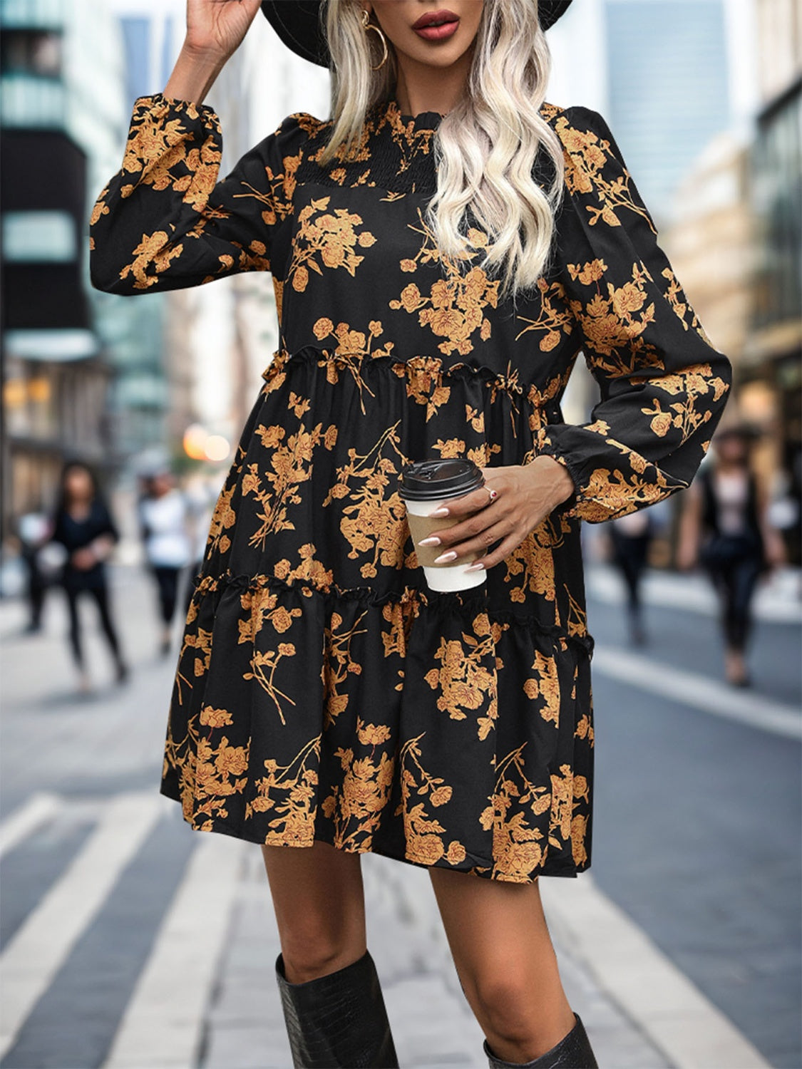 Perfee Frill Printed Long Sleeve Mini Dress - Classique Collection