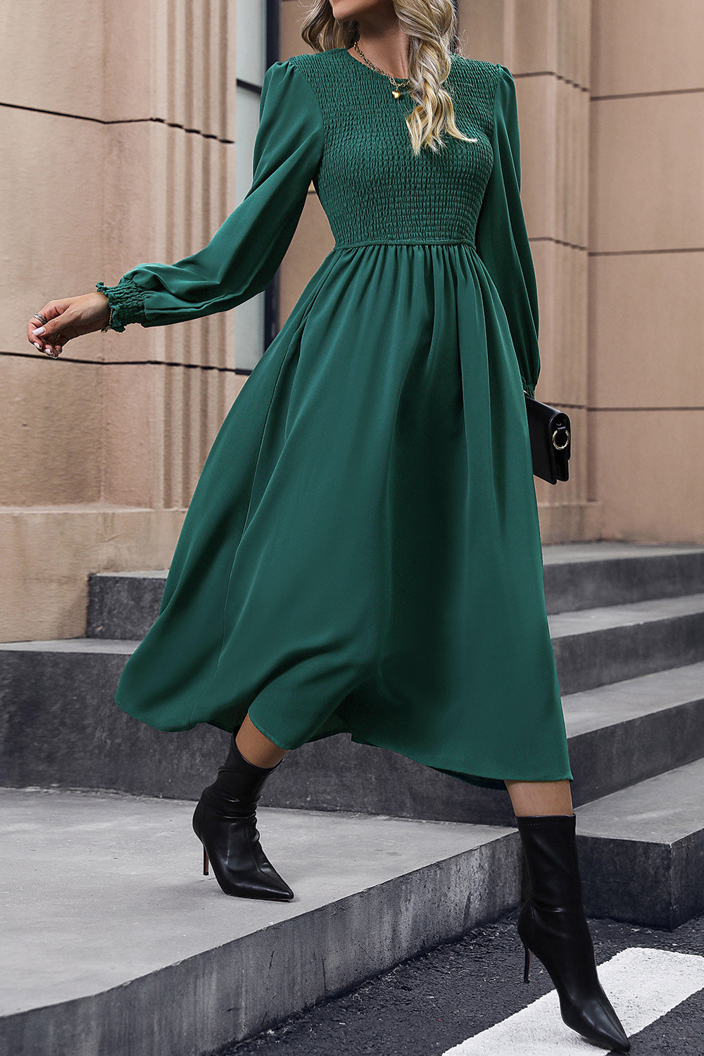 Perfee Smocked Long Sleeve Midi Dress - Classique Collection