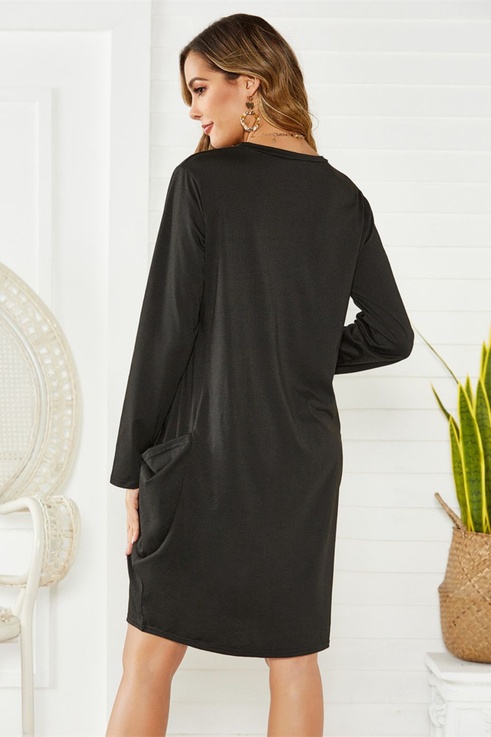 Pocketed Round Neck Long Sleeve Dress - Classique Collection