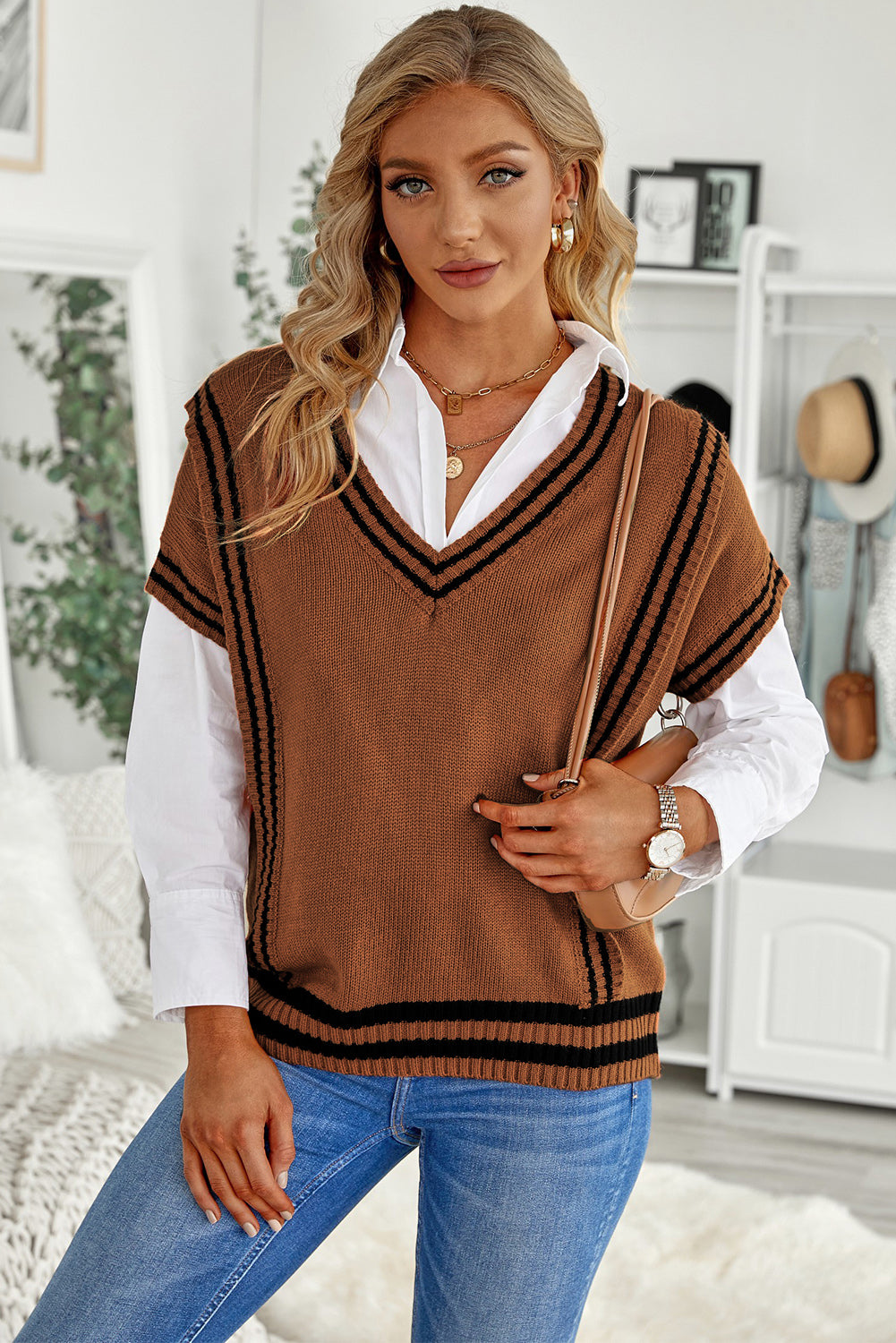 Striped Trim V-Neck Sweater Vest - ClassiQ