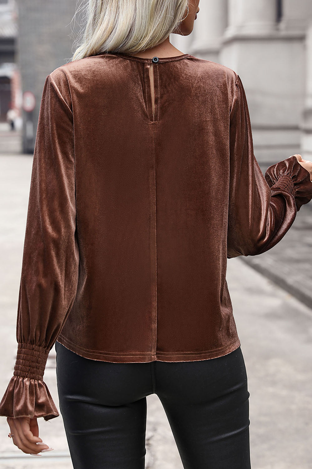 Perfee Lace Detail Round Neck Smocked Flounce Sleeve Blouse - Classique Collection