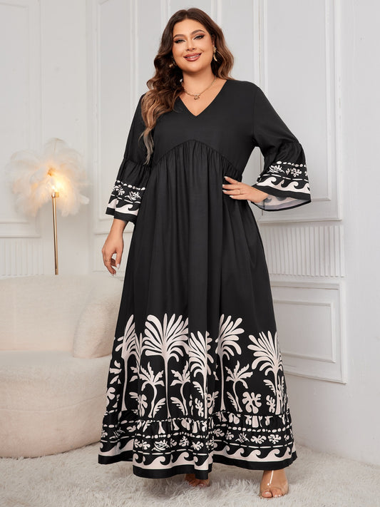 Honey Plus Size Printed V-Neck Long Sleeve Maxi Dress - Classique Collection
