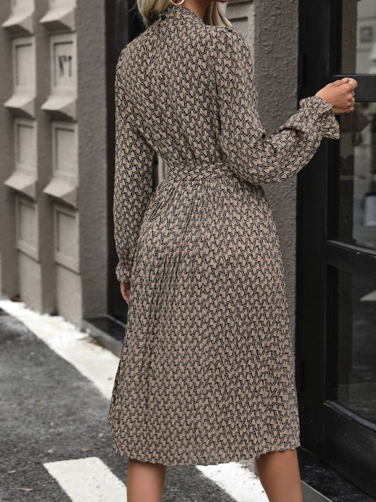 Perfee Printed Mock Neck Flounce Sleeve Dress - Classique Collection