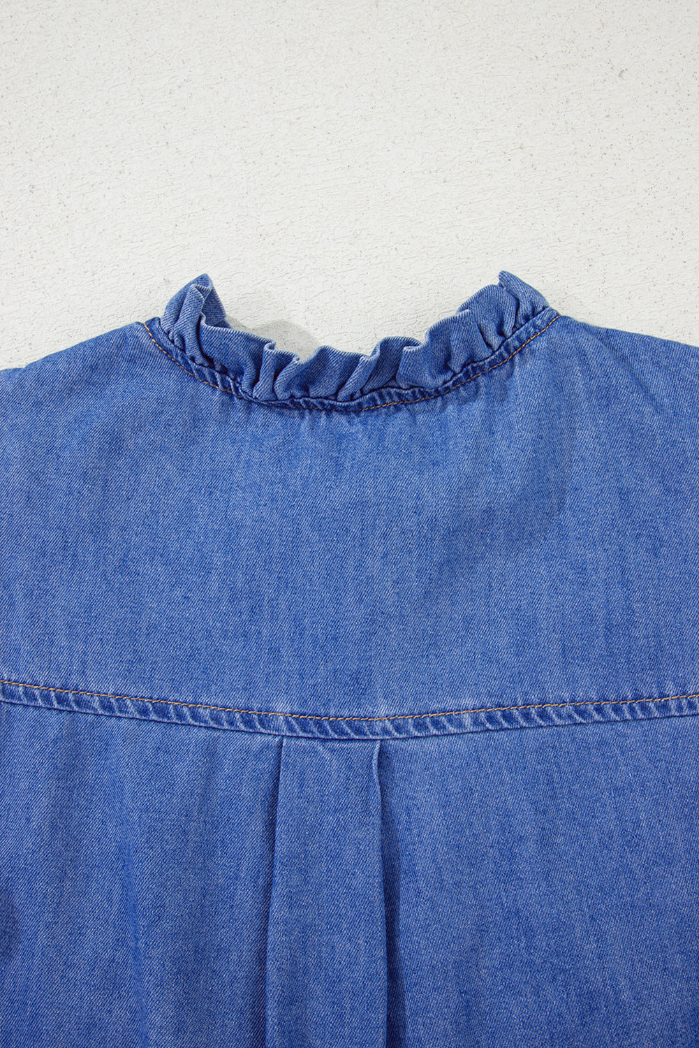 Sky Blue Mineral Wash Cap Sleeve Frilled Button Up Denim Shirt ClassiQ