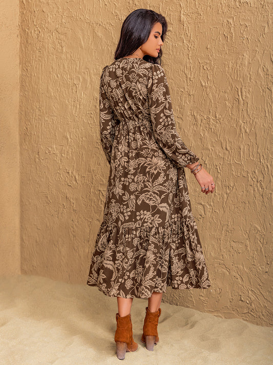Ruched Printed V-Neck Long Sleeve Midi Dress - Classique Collection