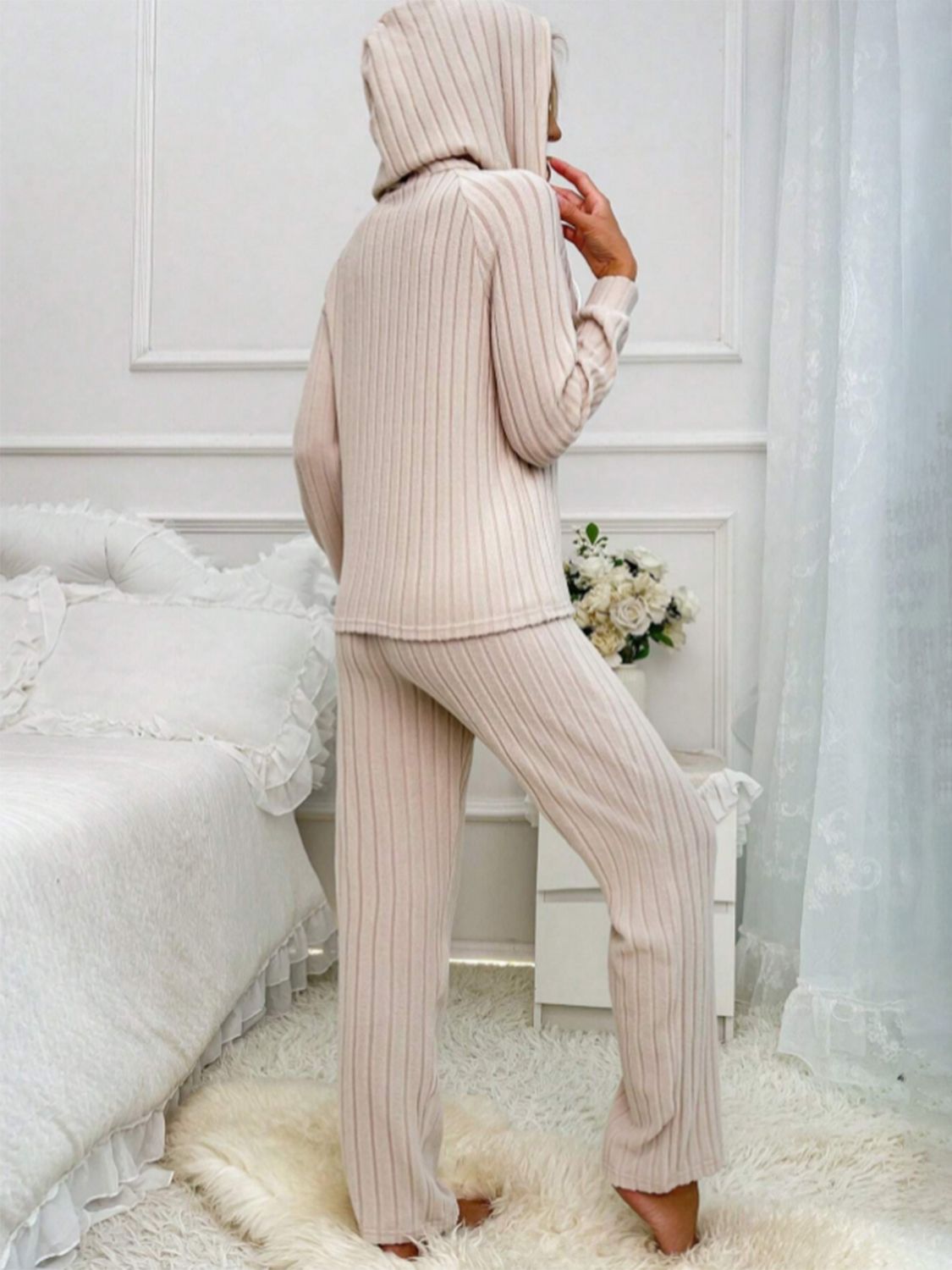 Drawstring Half Button Hooded Top and Ribbed Pants Set - ClassiQ