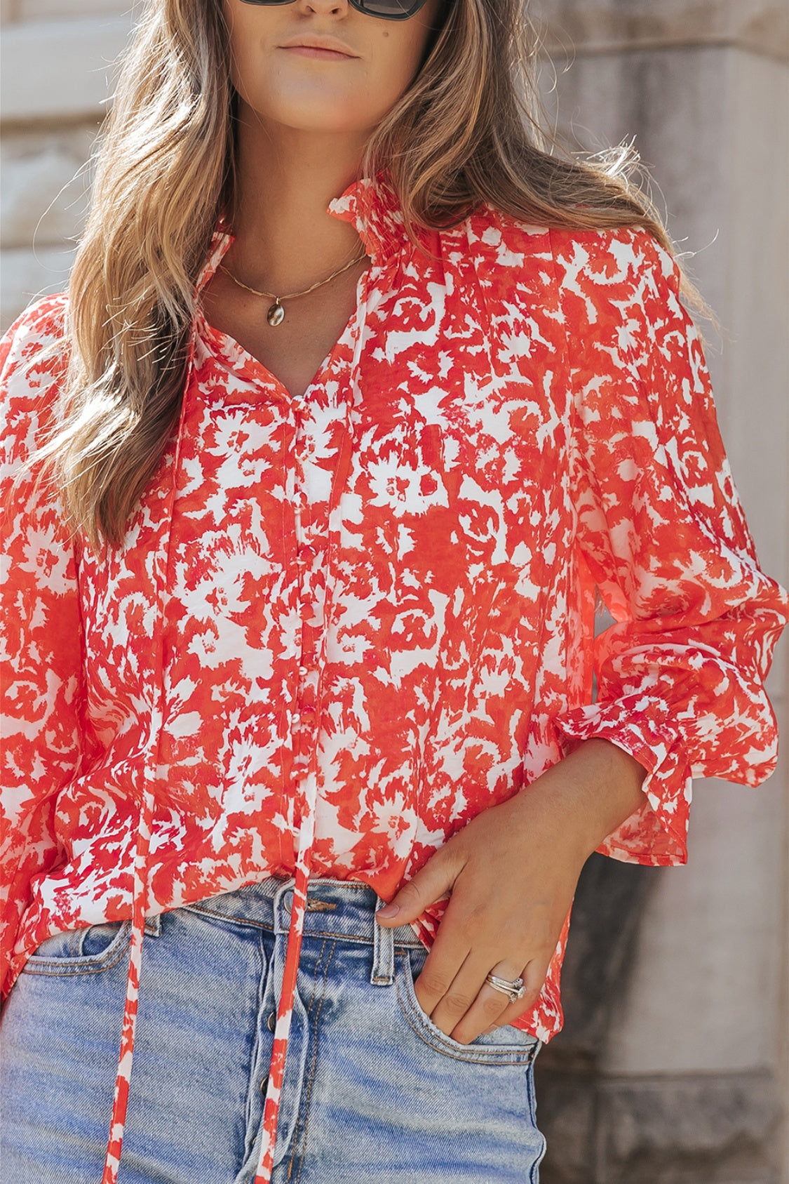 Printed Tie Neck Flounce Sleeve Blouse - Classique Collection
