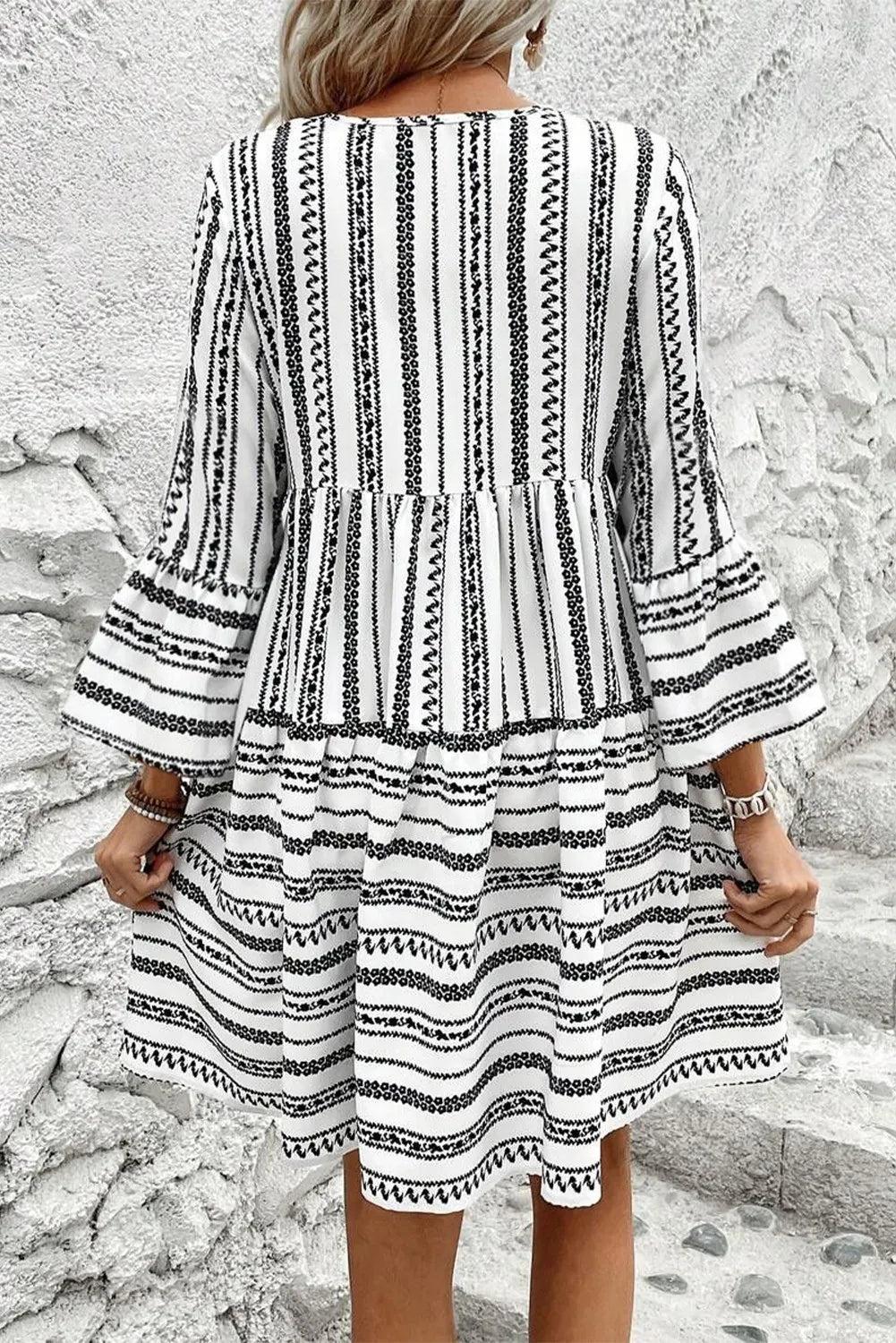 Printed Tie Neck Three-Quarter Sleeve Mini Dress - Classique Collection