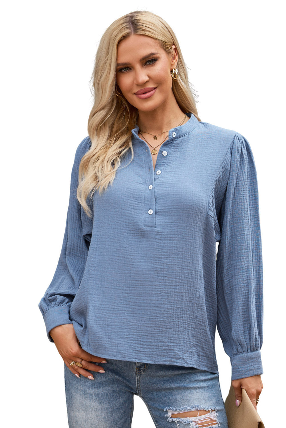 Half Button Puff Sleeve Blouse - Classique Collection