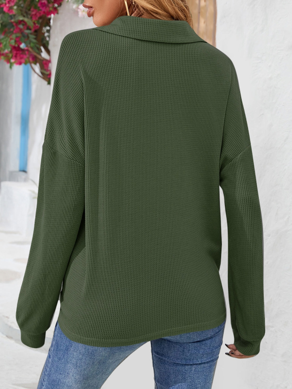 Half Button Collared Neck Long Sleeve Top - Classique Collection