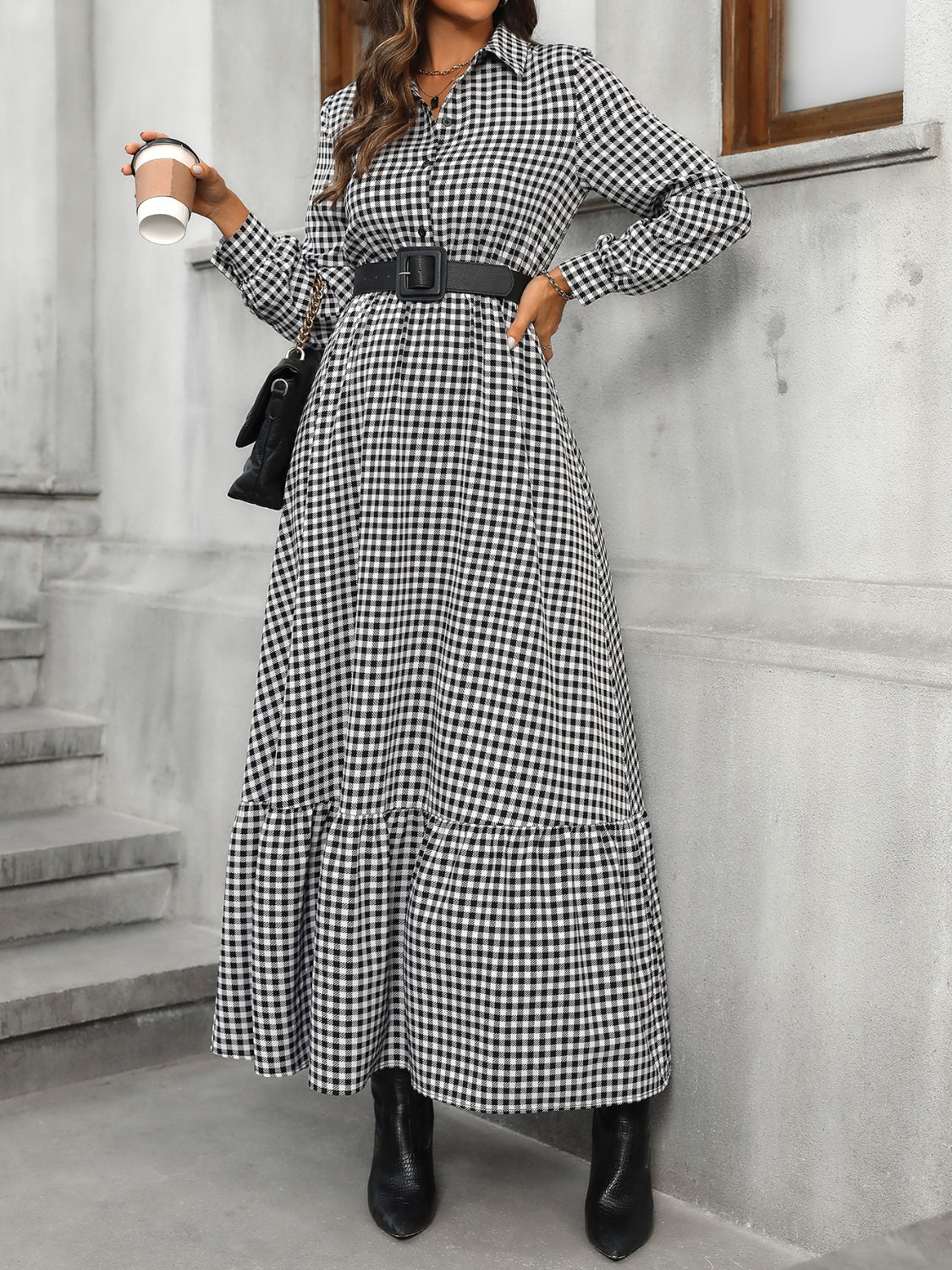 Honey Ruffle Hem Plaid Long Sleeve Dress - Classique Collection