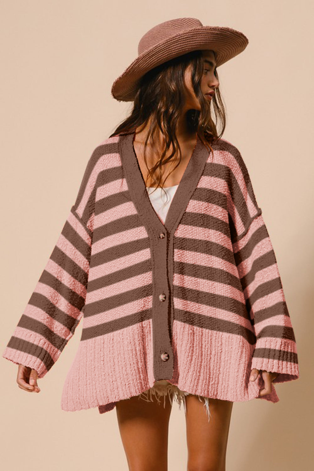 BiBi Slit Striped V-Neck Button Up Cardigan - Classique Collection