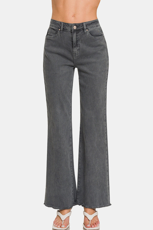 Zenana Acid Washed Frayed Hem Bootcut Jeans - Classique Collection