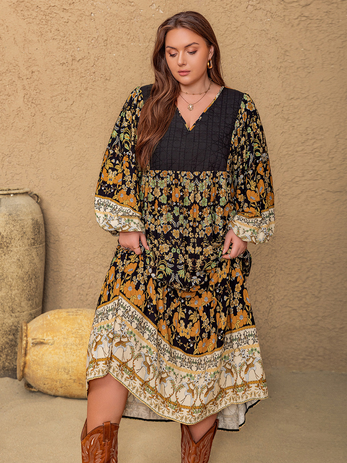 Plus Size Floral V-Neck Balloon Sleeve Midi Dress - Classique Collection