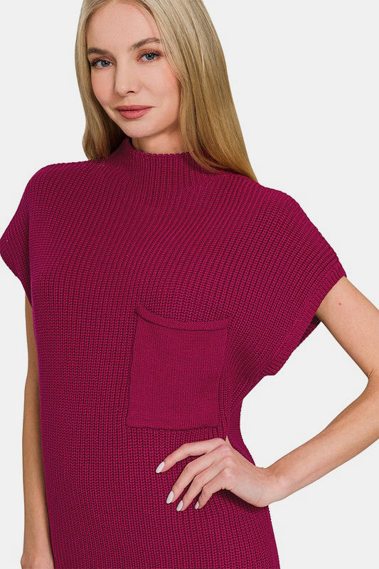 Zenana Mock Neck Short Sleeve Sweater Dress - Classique Collection