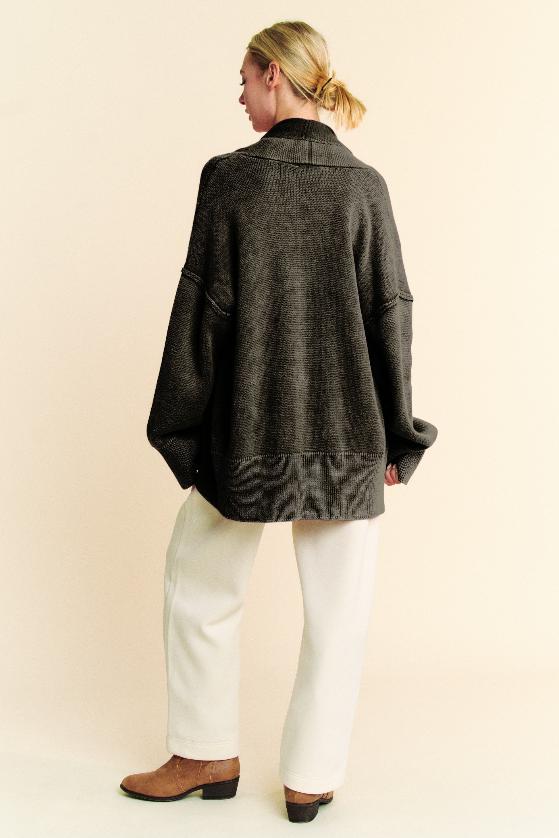 Davi & Dani Shawl Collar Ribbed Detail Button Up Cardigan - Classique Collection