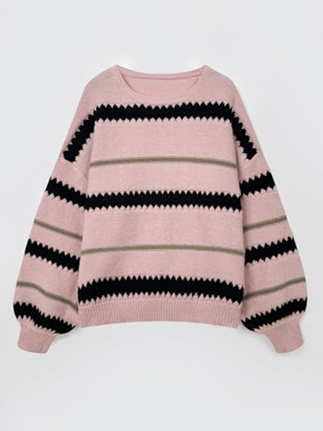 Contrast Striped Round Neck Long Sleeve Sweater - ClassiQ