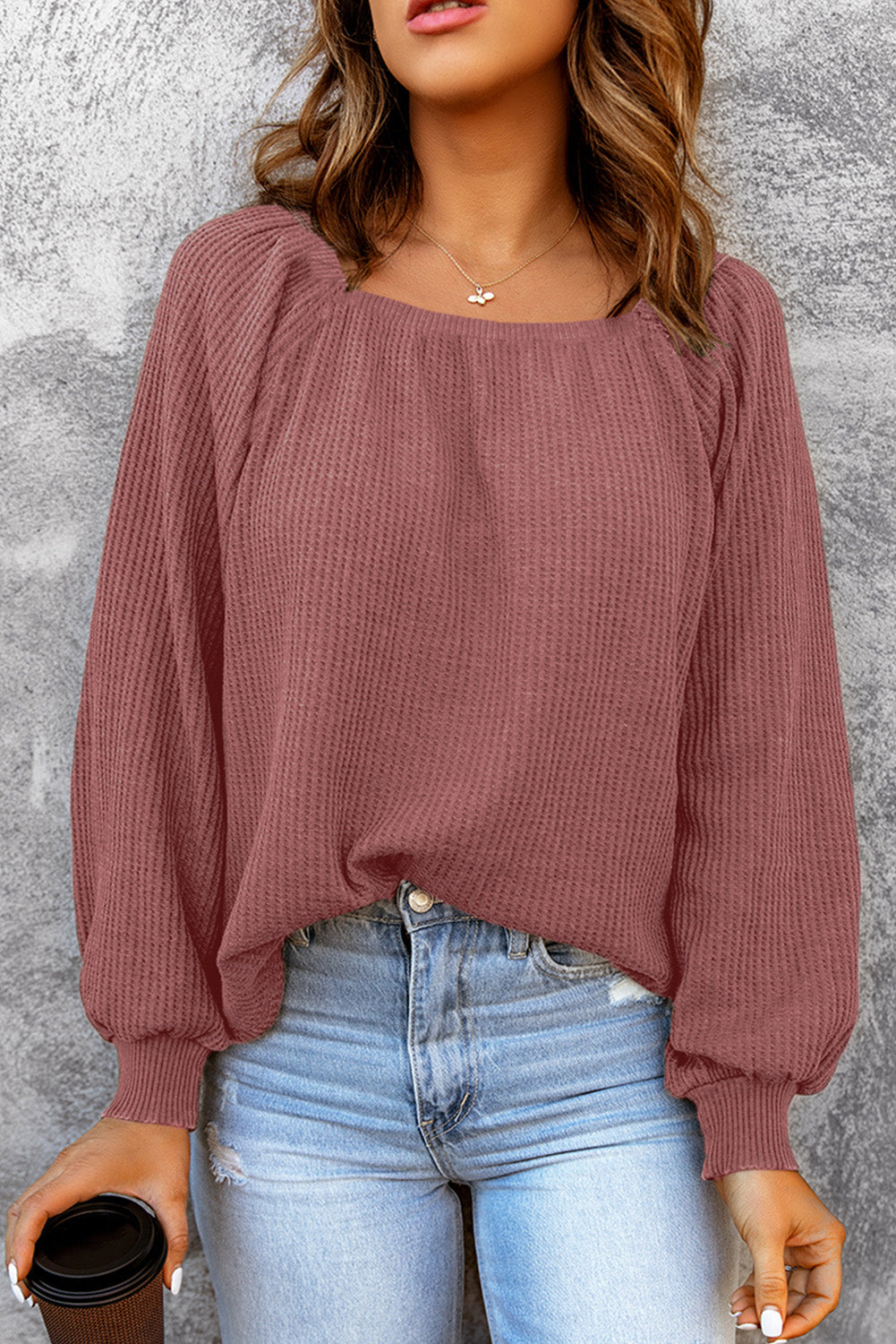 Square Neck Waffle-Knit Top - Classique Collection