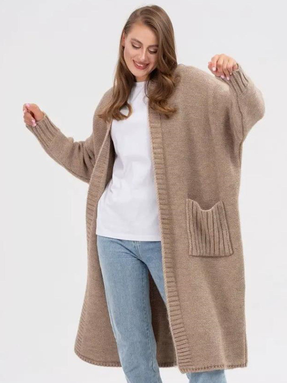 Pocketed Open Front Long Sleeve Longline Cardigan - ClassiQ