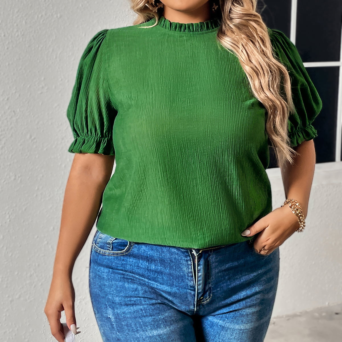 Honey Plus Size Round Neck Flounce Sleeve Blouse - Classique Collection