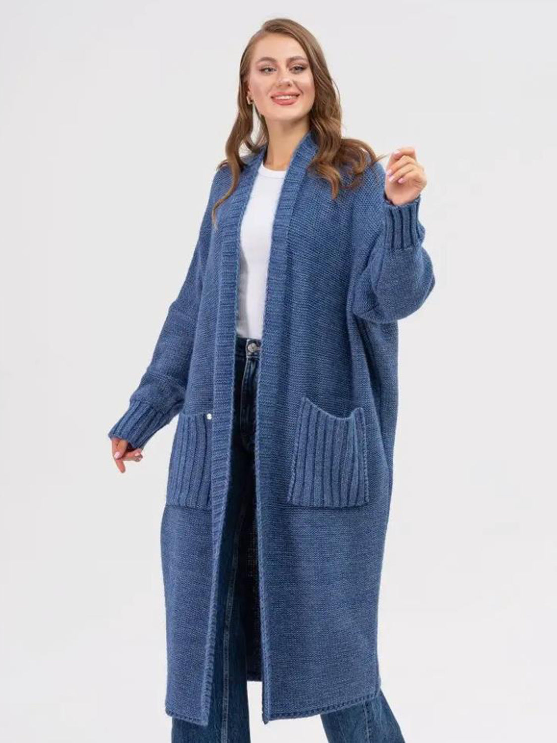 Pocketed Open Front Long Sleeve Longline Cardigan - ClassiQ