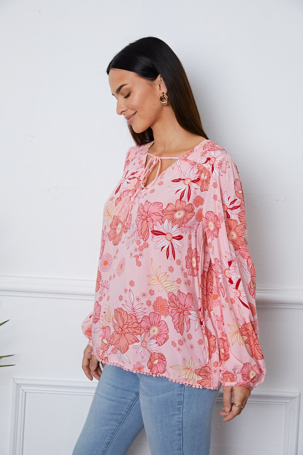 Floral Smocked Tassel Tie Balloon Sleeve Blouse - Classique Collection