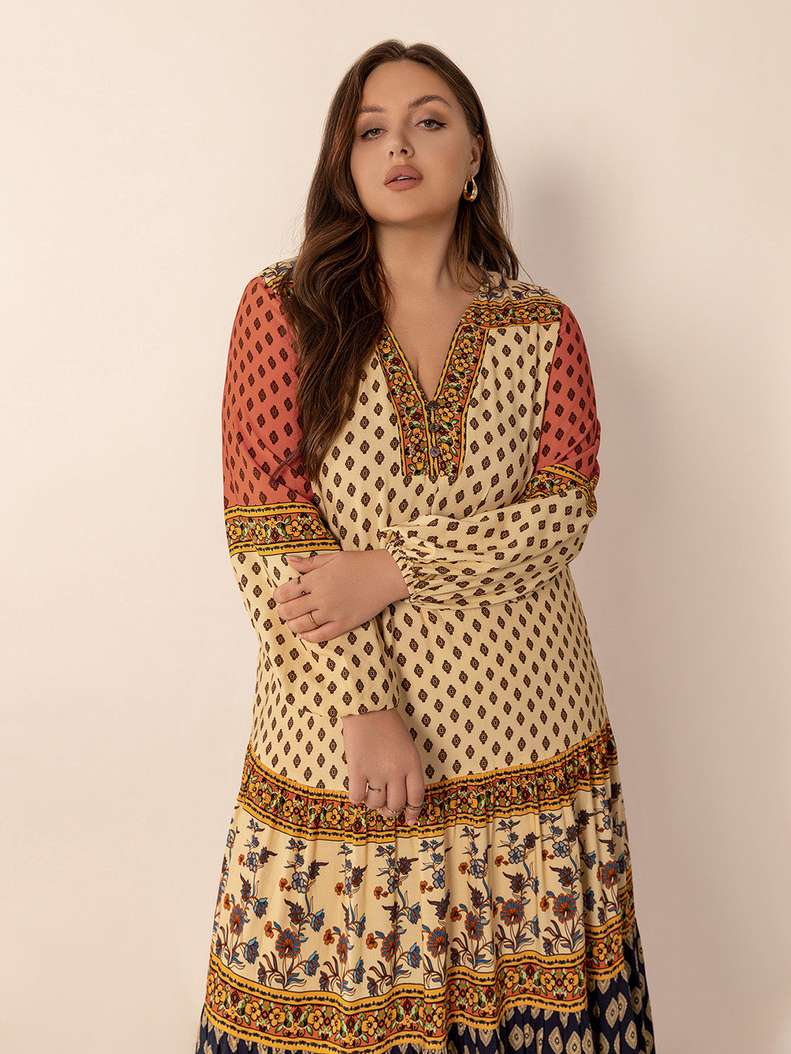 Plus Size Printed V-Neck Long Sleeve Maxi Dress - Classique Collection