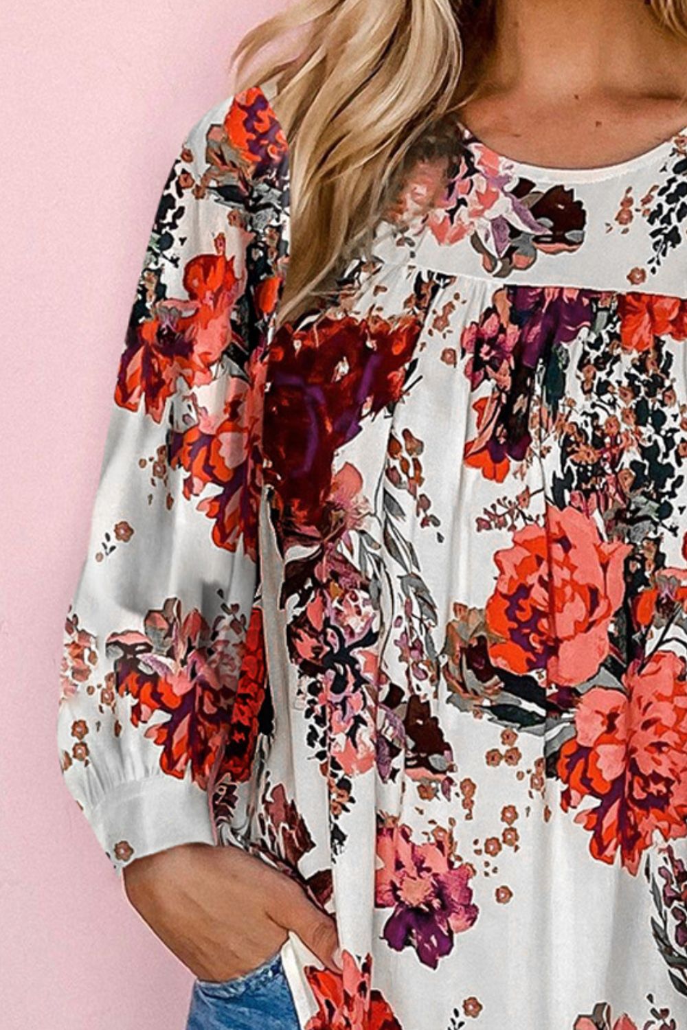 Floral Print Round Neck Long Sleeve Blouse - Classique Collection
