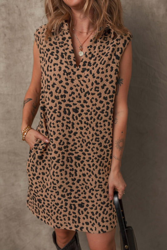 Leopard Johnny Collar Sleeveless Mini Dress - Classique Collection