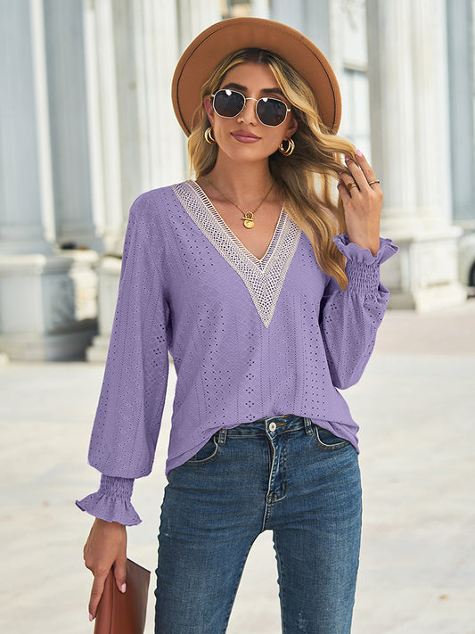 V-Neck Eyelet Flounce Sleeve Blouse - Classique Collection