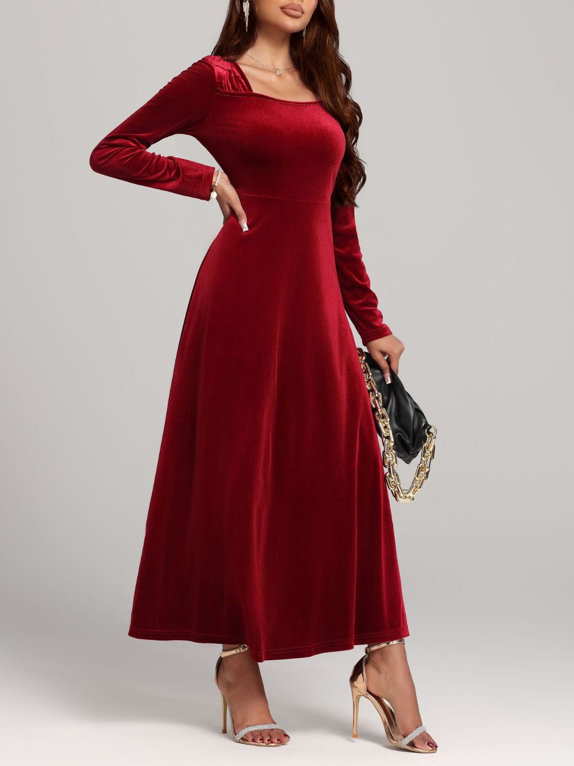 Square Neck Long Sleeve Velvet Dress - Classique Collection
