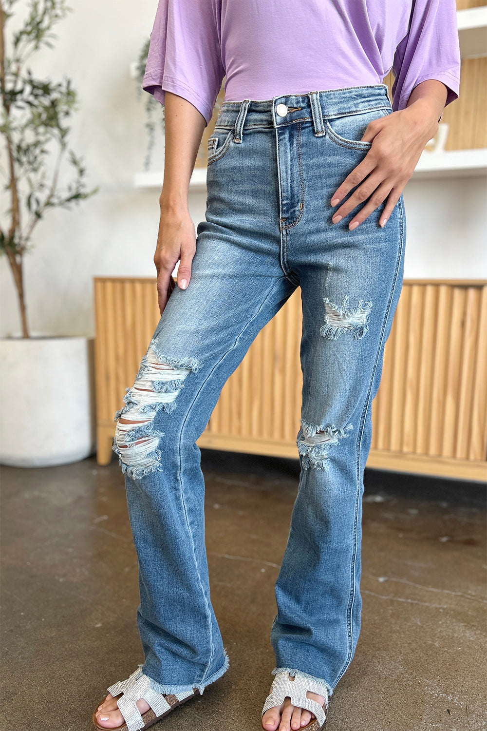 Judy Blue Full Size Distressed Raw Hem Bootcut Jeans - ClassiQ