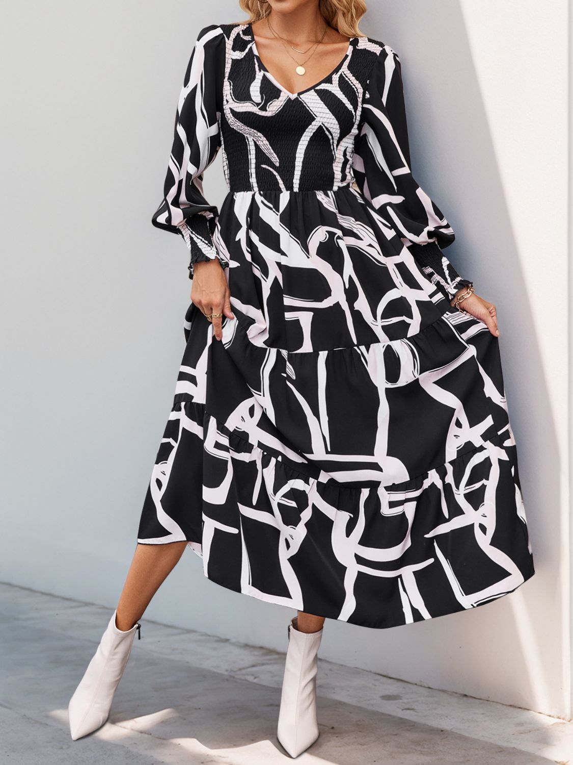 Perfee Smocked Printed Long Sleeve Midi Dress - Classique Collection