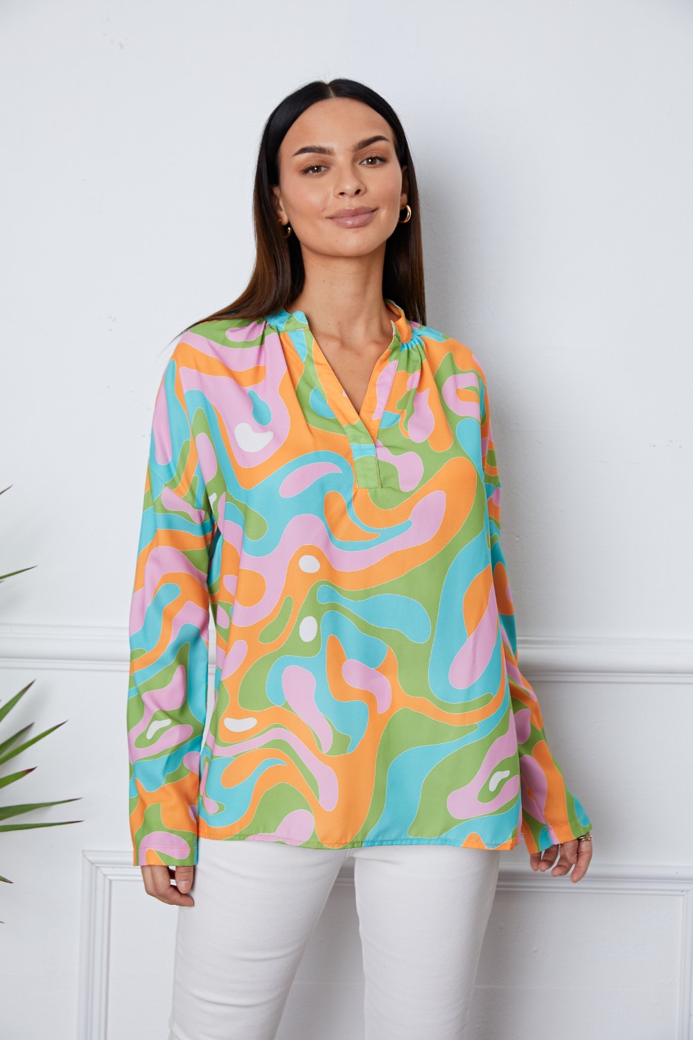 Printed Notched Long Sleeve Blouse - Classique Collection