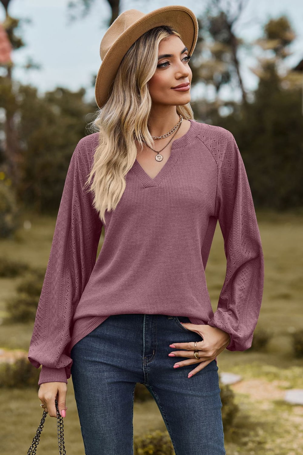 Notched Neck Raglan Sleeve Blouse - Classique Collection